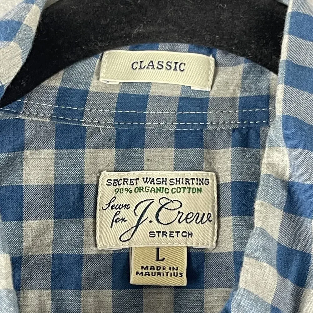 J‎ Crew Shirt Mens Large Blue Check Organic Cotton Button Down Stretch Preppy